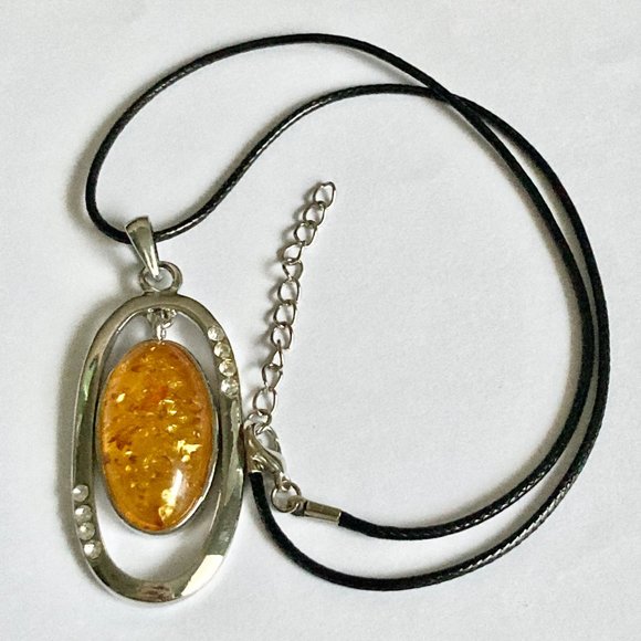 Vintage Honey Yellow Amber Necklace Art Deco Crystal 18" Simulated Silver Plated - Picture 5 of 10